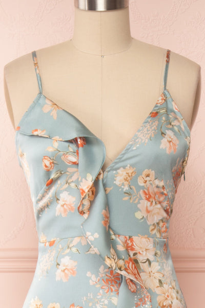 Ignatia Blue Floral Maxi Dress w/ Ruffles | Boutique 1861 front close up