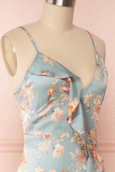 Ignatia Blue Floral Maxi Dress w/ Ruffles | Boutique 1861 side close up