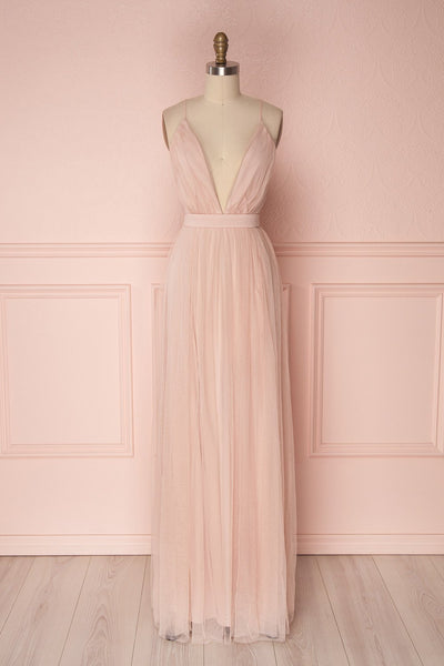 Ilaria Blush Pink Mesh Gown with Plunging Neckline | Boutique 1861