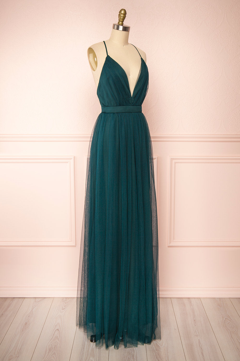 Ilaria Green Mesh Gown with Plunging Neckline | Boutique 1861 side view 