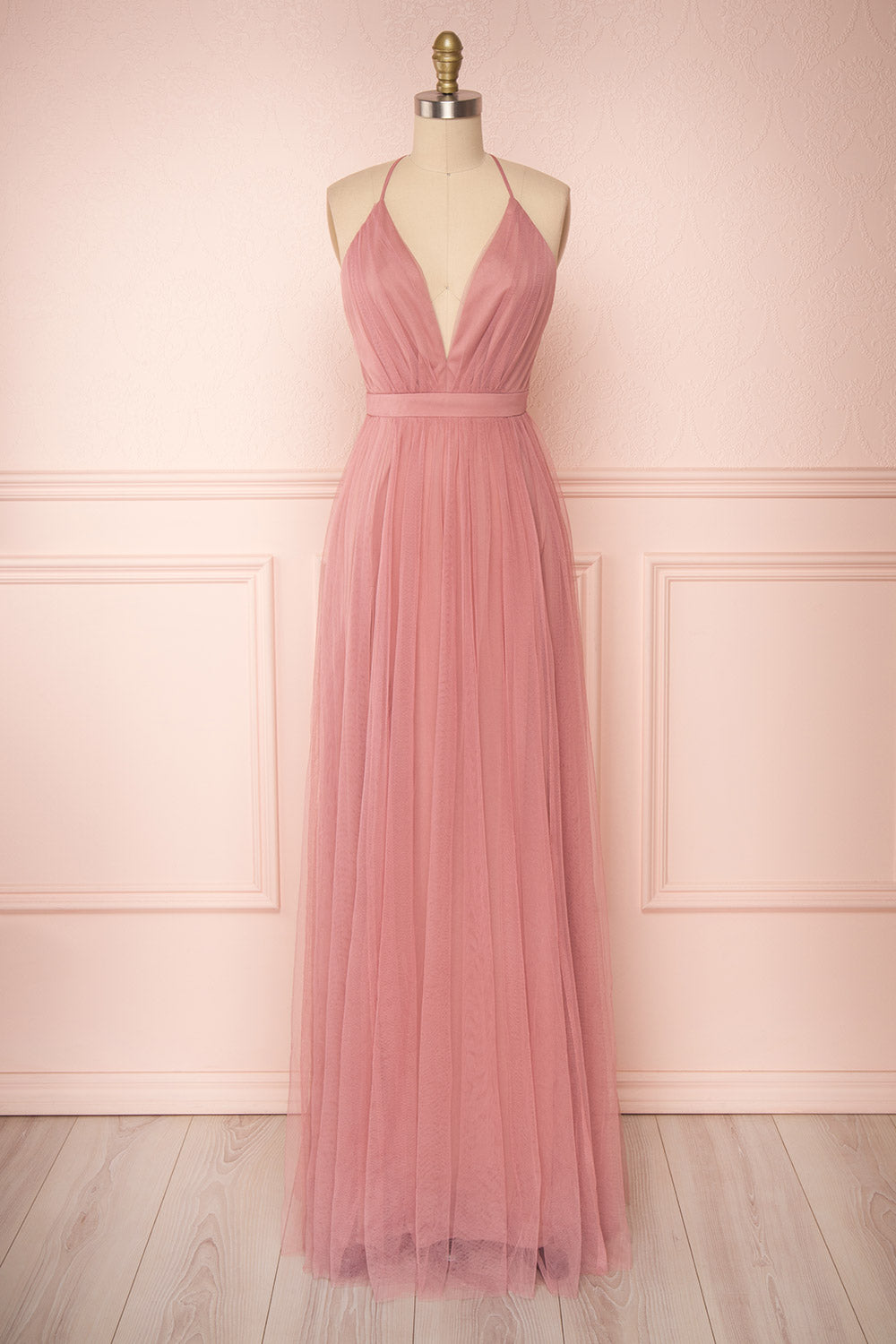 Ilaria Rose Pink Mesh Gown with Plunging Neckline | Boutique 1861 front view 