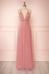 Ilaria Rose Pink Mesh Gown with Plunging Neckline | Boutique 1861 front view