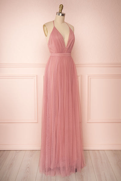 Ilaria Rose Pink Mesh Gown with Plunging Neckline | Boutique 1861 side view