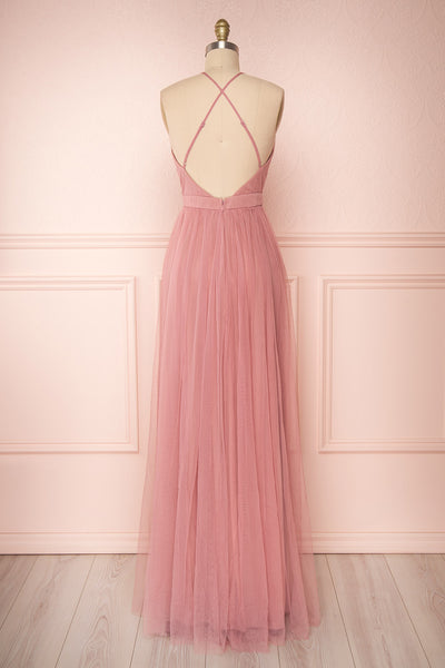 Ilaria Rose Pink Mesh Gown with Plunging Neckline | Boutique 1861 back view
