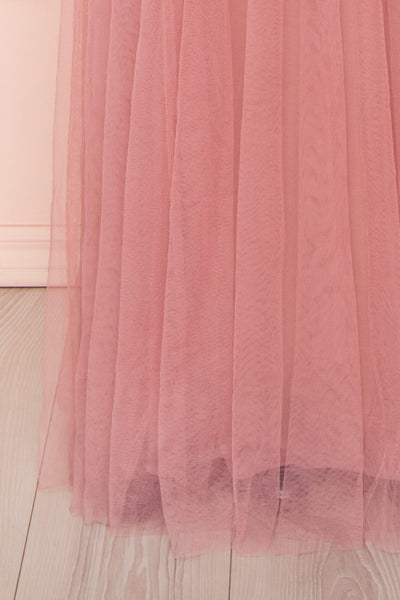 Ilaria Rose Pink Mesh Gown with Plunging Neckline | Boutique 1861 bottom close-up