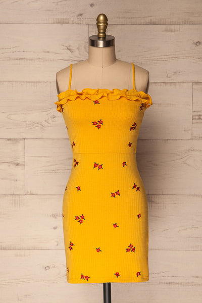 Ilowa Yellow Floral Embroidered Fitted Dress | La Petite Garçonne