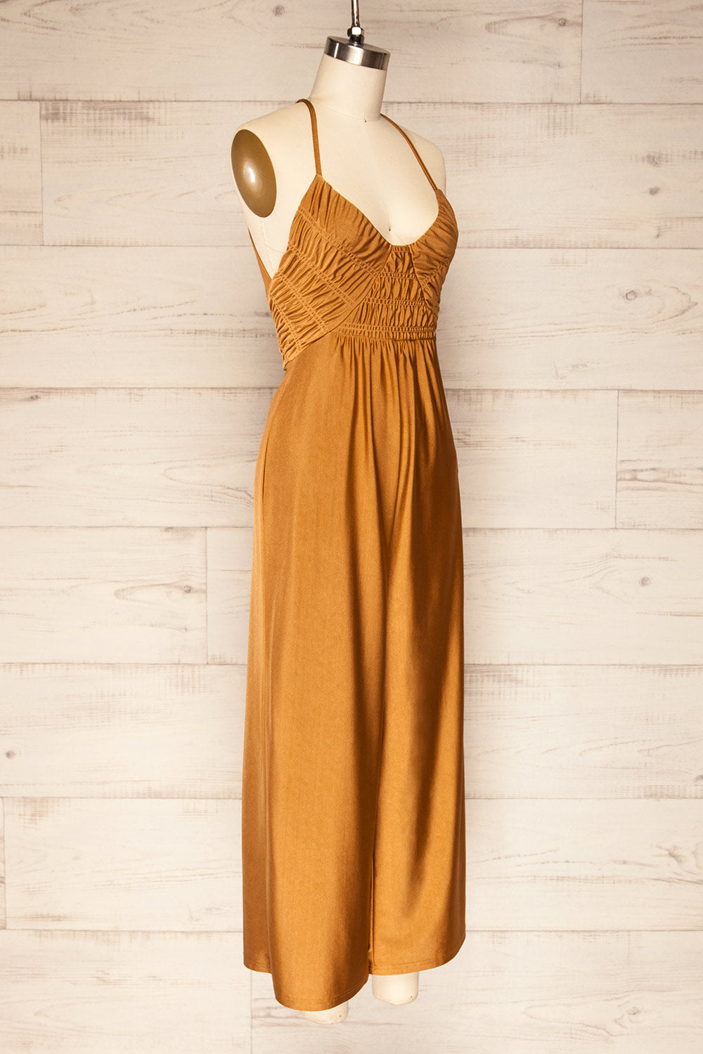 Imatra Gold Flare Leg Jumpsuit w/ Tied Straps | La petite garçonne side view 