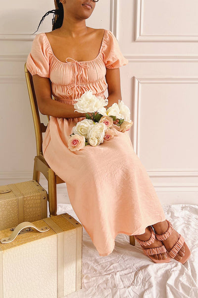 Imna Peach A-Line Midi Dress w/ Puffy Sleeves | Boutique 1861 on model