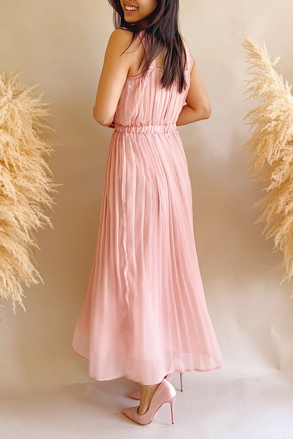 Inari Pink Pleated Midi Dress | Boutique 1861 on model