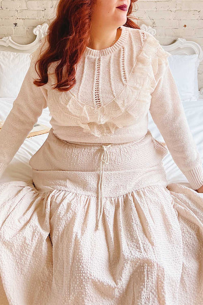 Ingrid Beige Knit Sweater w/ Ruffled Lace| Boutique 1861 on model