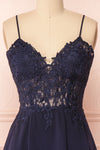 Irena Lapis Navy Blue Short Dress w/ Embroidered Mesh | Boutique 1861 front close-up