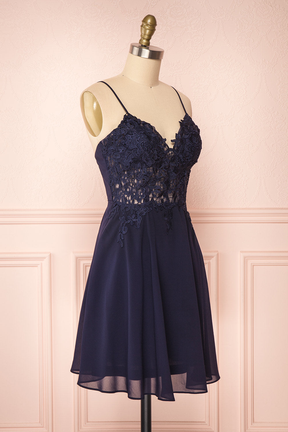 Irena Lapis Navy Blue Short Dress w/ Embroidered Mesh | Boutique 1861 side view 