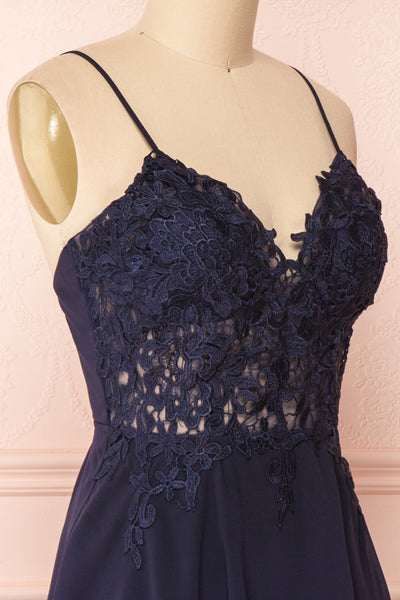 Irena Lapis Navy Blue Short Dress w/ Embroidered Mesh | Boutique 1861 side close-up
