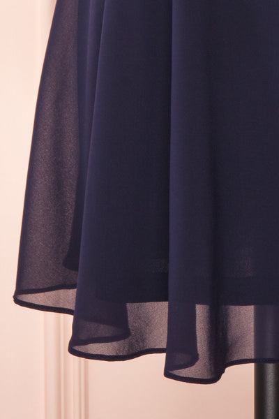 Irena Lapis Navy Blue Short Dress w/ Embroidered Mesh | Boutique 1861 bottom close-up