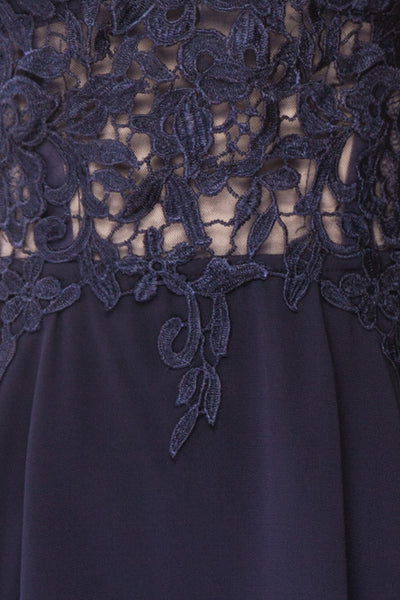 Irena Lapis Navy Blue Short Dress w/ Embroidered Mesh | Boutique 1861 fabric detail