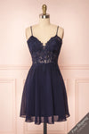 Irena Lapis Navy Blue Short Dress w/ Embroidered Mesh | Boutique 1861 front view