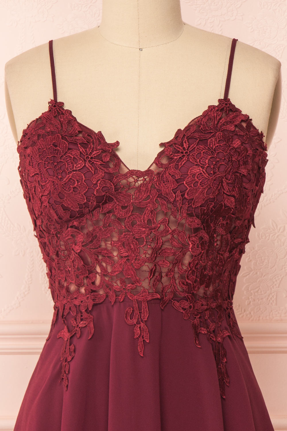 Irena Ruby Burgundy Short Dress w/ Embroidered Mesh | Boutique 1861 front close-up