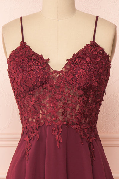 Irena Ruby Burgundy Short Dress w/ Embroidered Mesh | Boutique 1861 front close-up