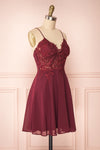 Irena Ruby Burgundy Short Dress w/ Embroidered Mesh | Boutique 1861 side view