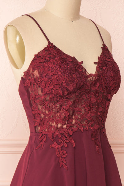 Irena Ruby Burgundy Short Dress w/ Embroidered Mesh | Boutique 1861 side close-up