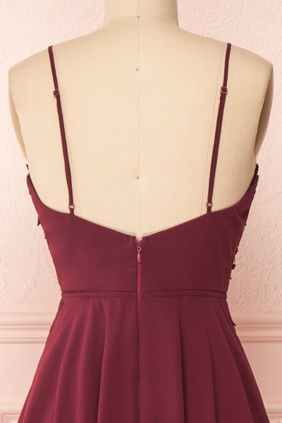 Irena Ruby Burgundy Short Dress w/ Embroidered Mesh | Boutique 1861 back close-up