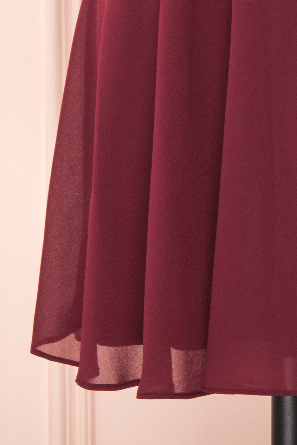 Irena Ruby Burgundy Short Dress w/ Embroidered Mesh | Boutique 1861 bottom close-up