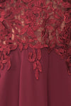 Irena Ruby Burgundy Short Dress w/ Embroidered Mesh | Boutique 1861 fabric detail