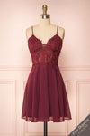 Irena Ruby Burgundy Short Dress w/ Embroidered Mesh | Boutique 1861 front view