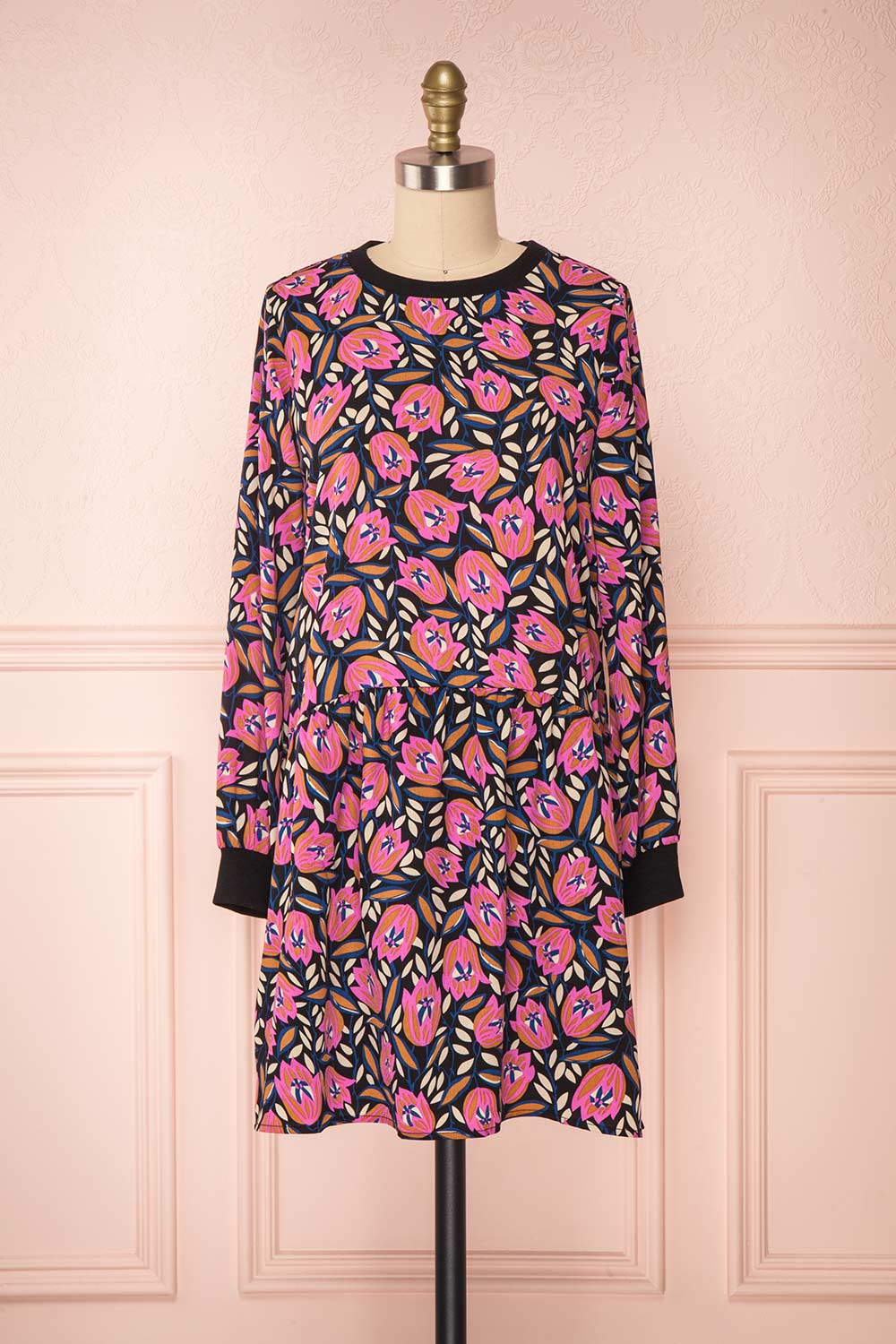 Iridessa Colorful Floral Long Sleeved Tunic Dress face view | Boutique 1861