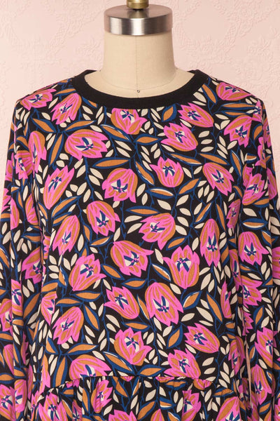 Iridessa Colorful Floral Long Sleeved Tunic Dress face close up | Boutique 1861
