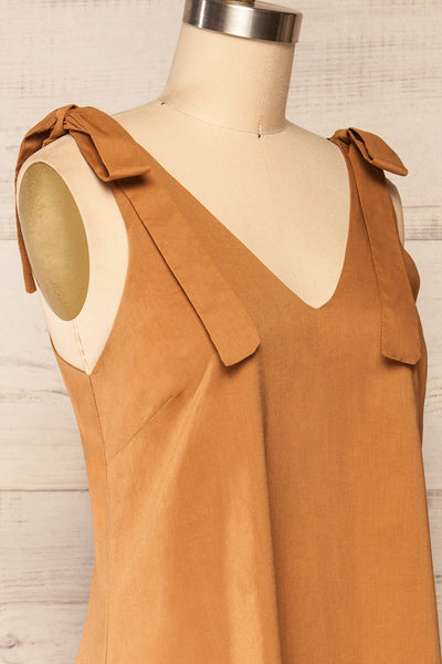 Irig Brown V-Neck Knotted Straps Midi Dress | La petite garçonne side close  up