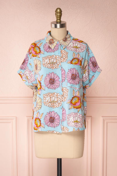 Jacinthe Colourful Floral Print Short Sleeve Shirt | Boutique 1861 front view