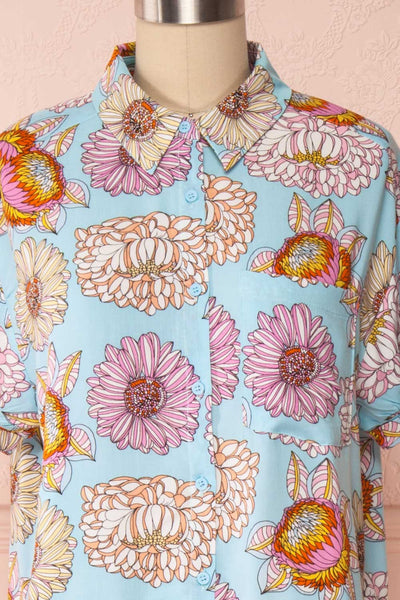 Jacinthe Colourful Floral Print Short Sleeve Shirt | Boutique 1861 front close up