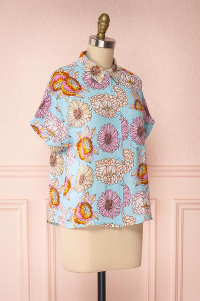 Jacinthe Colourful Floral Print Short Sleeve Shirt | Boutique 1861 side view