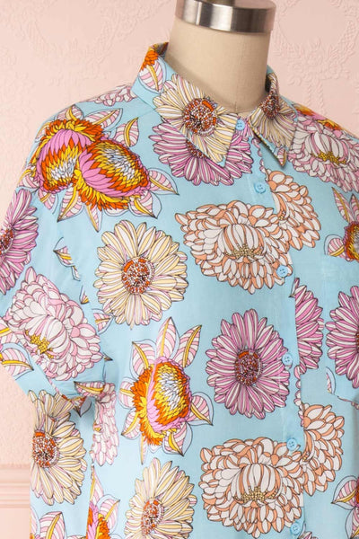 Jacinthe Colourful Floral Print Short Sleeve Shirt | Boutique 1861 side close up