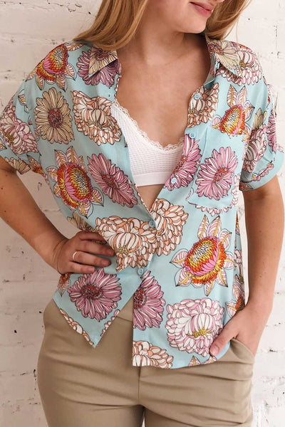 Jacinthe Colourful Floral Print Short Sleeve Shirt | Boutique 1861 on model