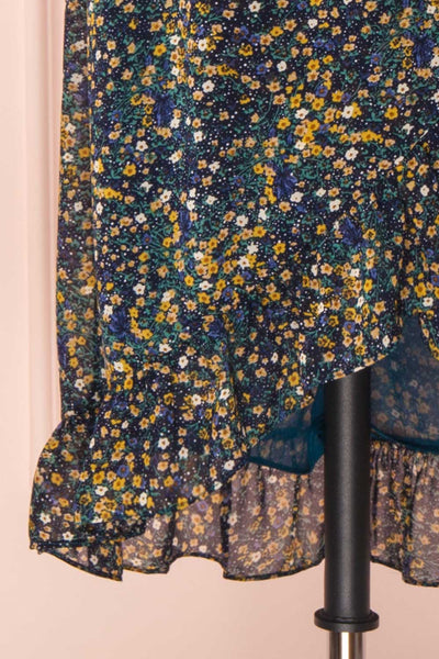 Jadulium Navy Floral Midi Wrap Dress | Boutique 1861 bottom close-up
