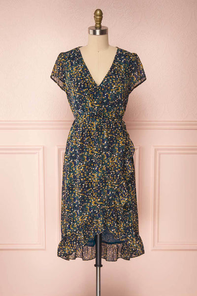 Jadulium Navy Blue Floral Midi Wrap Dress | Boutique 1861