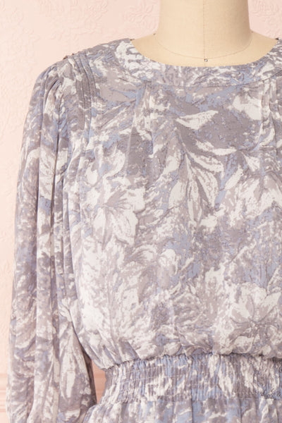 Janina Grey Patterned Long Sleeve Short Dress | Boutique 1861 front close-up