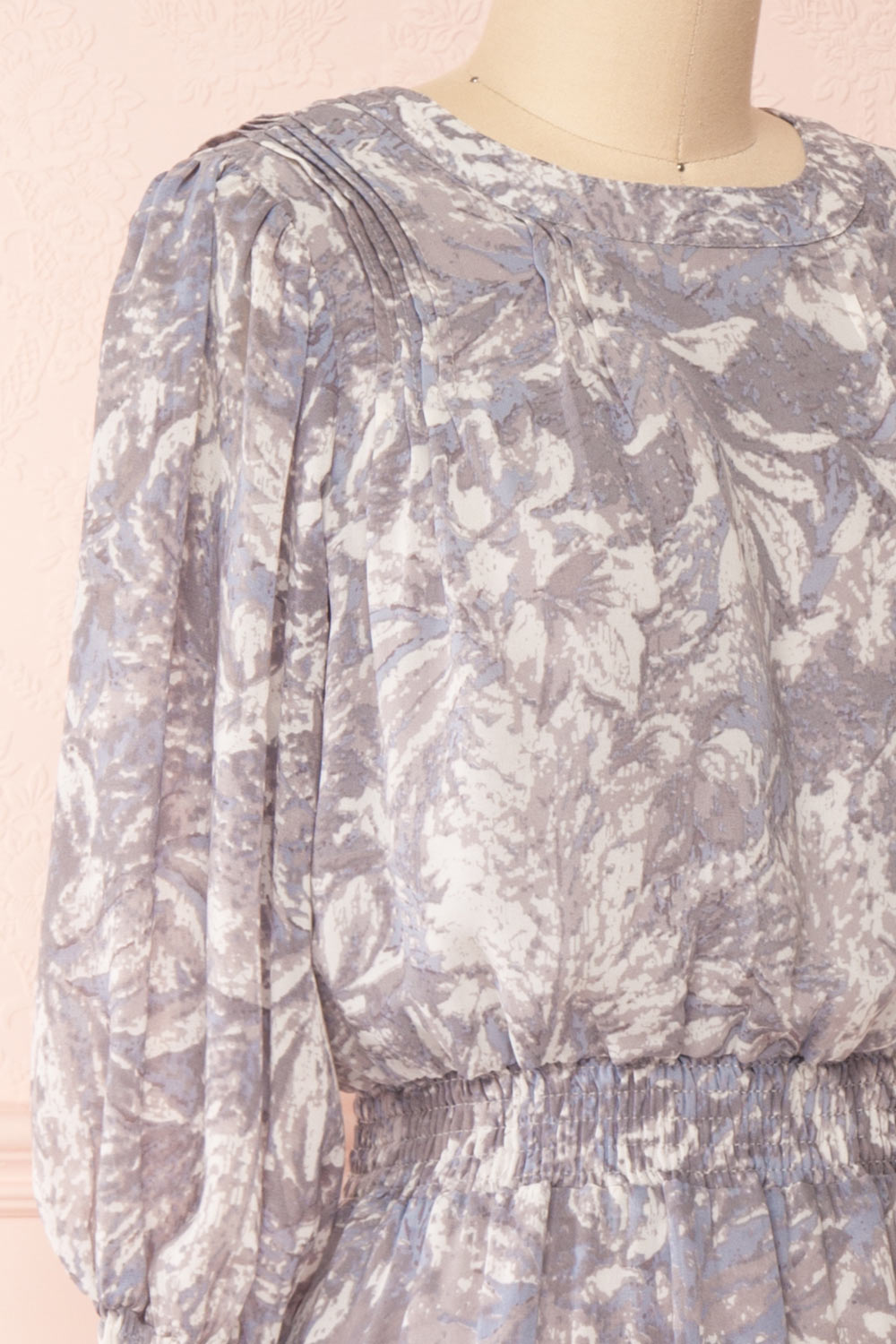 Janina Grey Patterned Long Sleeve Short Dress | Boutique 1861 side close-up