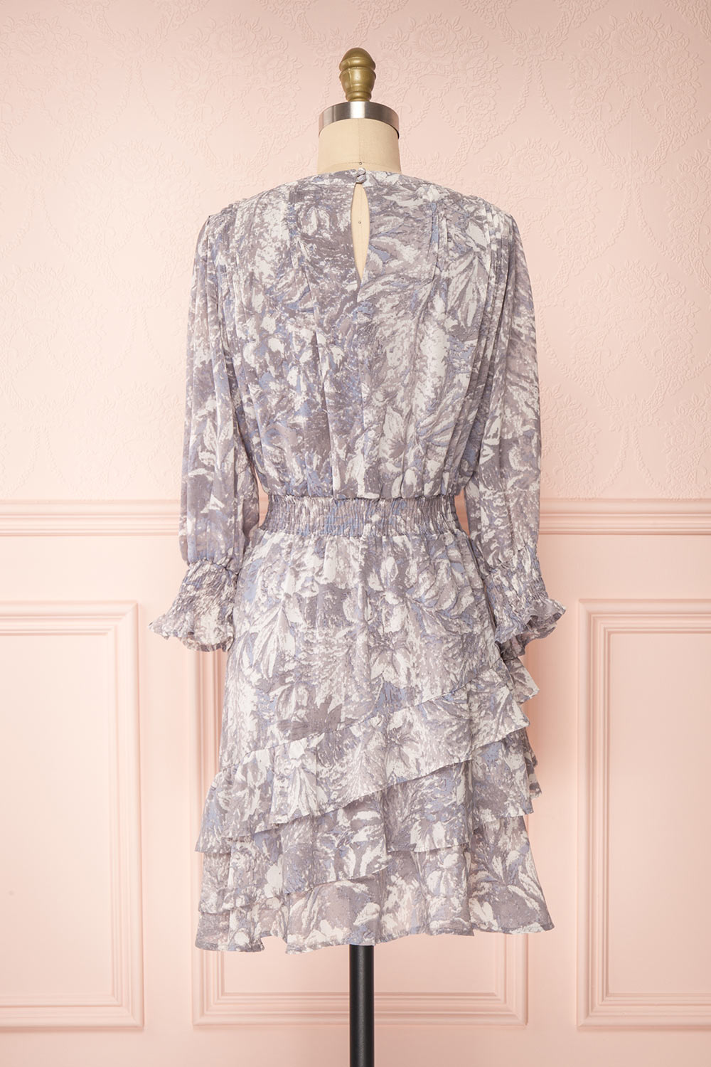 Janina Grey Patterned Long Sleeve Short Dress | Boutique 1861 back view 