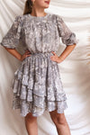 Janina Grey Patterned Long Sleeve Short Dress | Boutique 1861 on model