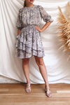Janina Grey Patterned Long Sleeve Short Dress | Boutique 1861 model look