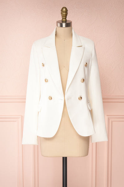 Jatayu White Tailored Jacket w/ Gold Buttons front view open | Boudoir 1861