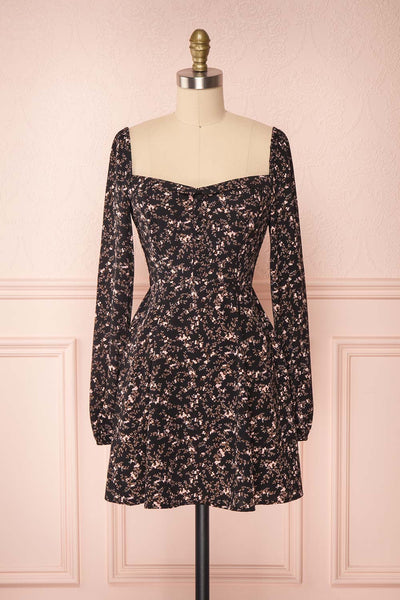 Javouhey Black Floral Long Sleeved A-Line Dress | Boutique 1861 front view