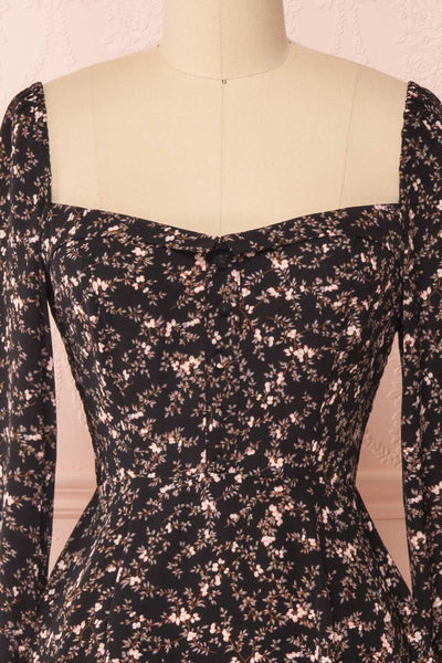 Javouhey Black Floral Long Sleeved A-Line Dress | Boutique 1861 front close-up