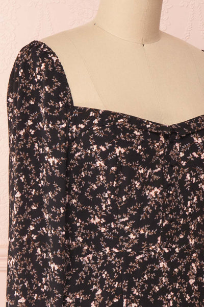 Javouhey Black Floral Long Sleeved A-Line Dress | Boutique 1861 side close-up