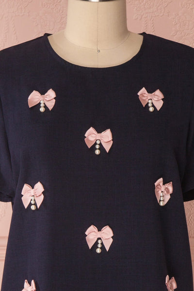 Jehane Loose Navy T-Shirt with Pink Bows & Pearls | Boutique 1861 3