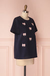 Jehane Loose Navy T-Shirt with Pink Bows & Pearls | Boutique 1861 4