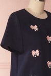 Jehane Loose Navy T-Shirt with Pink Bows & Pearls | Boutique 1861 5